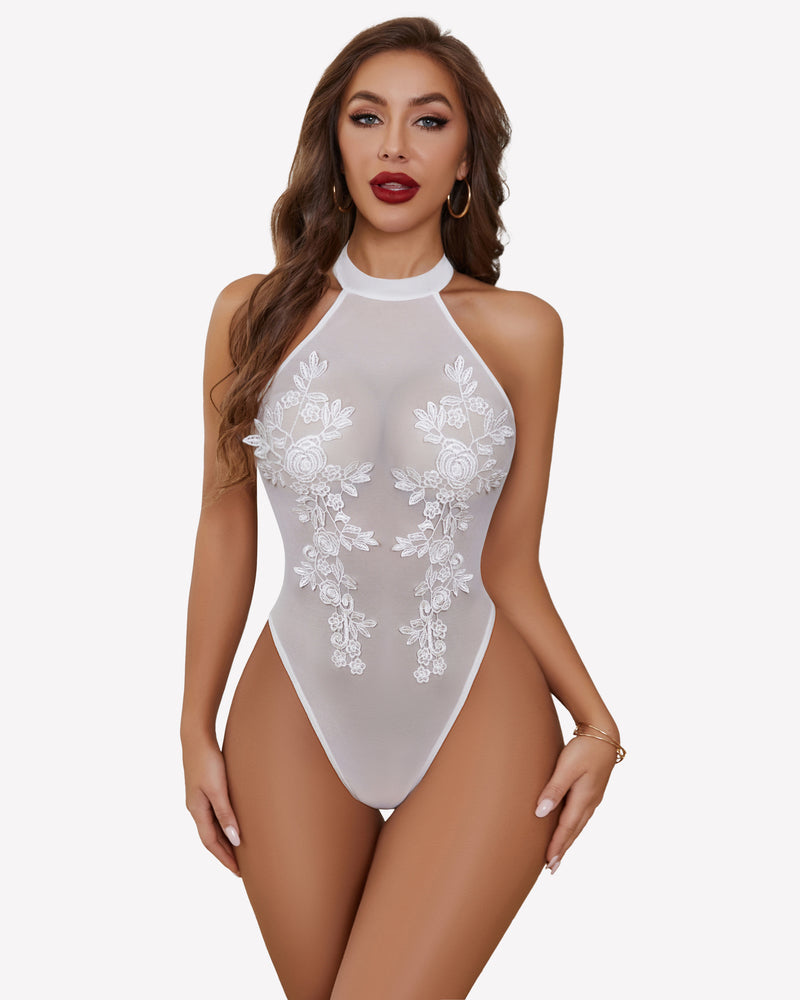 Mesh Sheer Emboroidered Bodysuit White Lingeries-Bodysuits - Tophatter Daily Deals