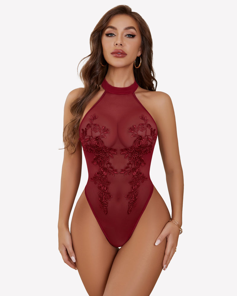 Mesh Sheer Emboroidered Bodysuit Wine Red Lingeries-Bodysuits - Tophatter Daily Deals