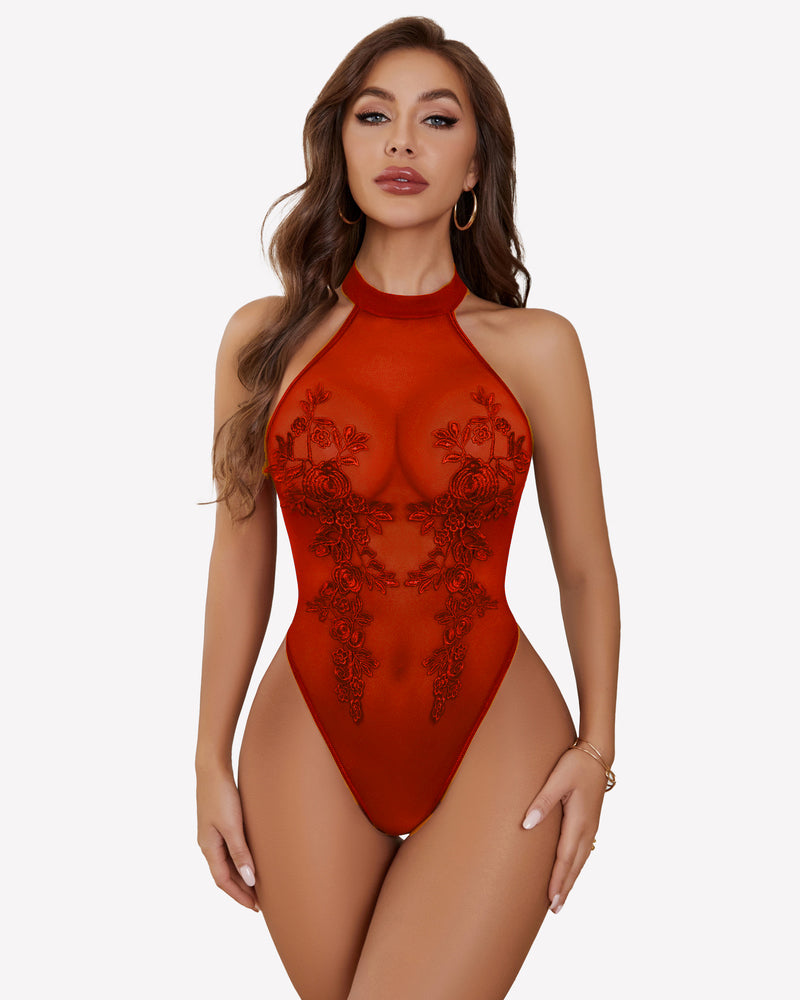 Mesh Sheer Emboroidered Bodysuit Red Lingeries-Bodysuits - Tophatter Daily Deals