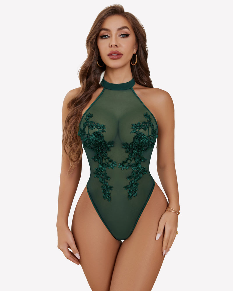 Mesh Sheer Emboroidered Bodysuit Green Lingeries-Bodysuits - Tophatter Daily Deals