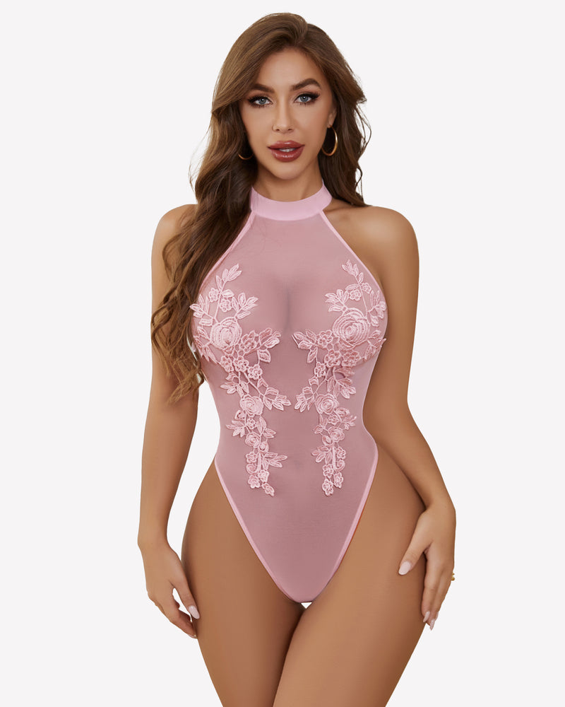 Mesh Sheer Emboroidered Bodysuit Pink Lingeries-Bodysuits - Tophatter Daily Deals