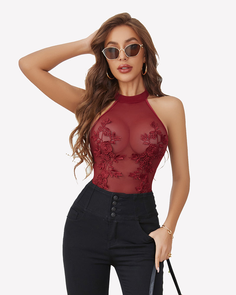 Mesh Sheer Emboroidered Bodysuit Lingeries-Bodysuits - Tophatter Daily Deals