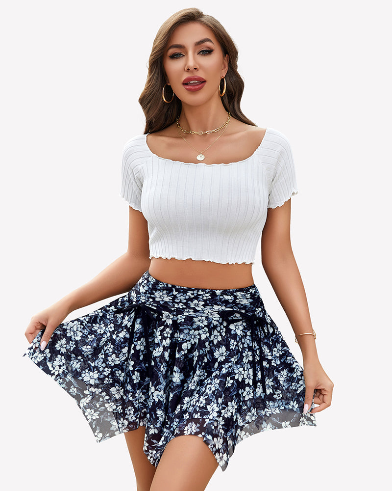 Mesh Y2K Drawstring Ruched Bow Short Skort Black Floral Lingeries-mini skirts - Tophatter Daily Deals