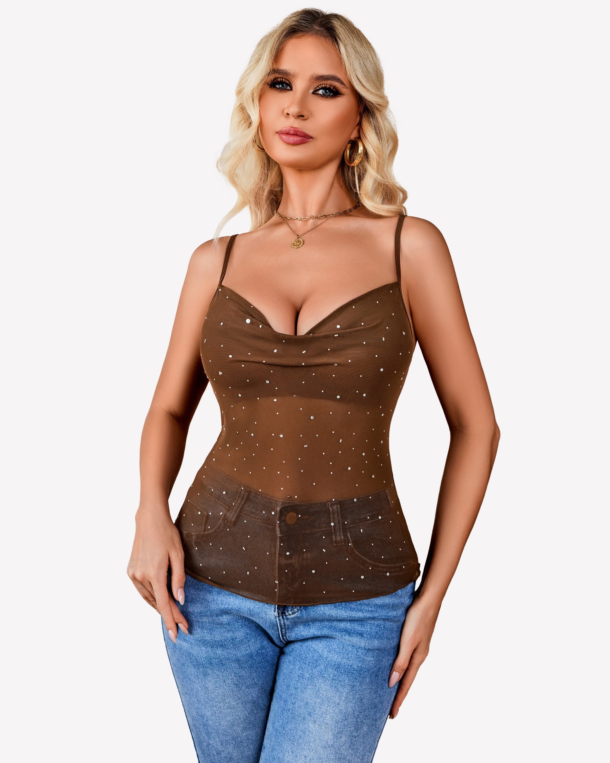 Mesh Cowl Neck Tank Top Sequin Shirt Brown Lingerie Sets-Bras - Tophatter Daily Deals