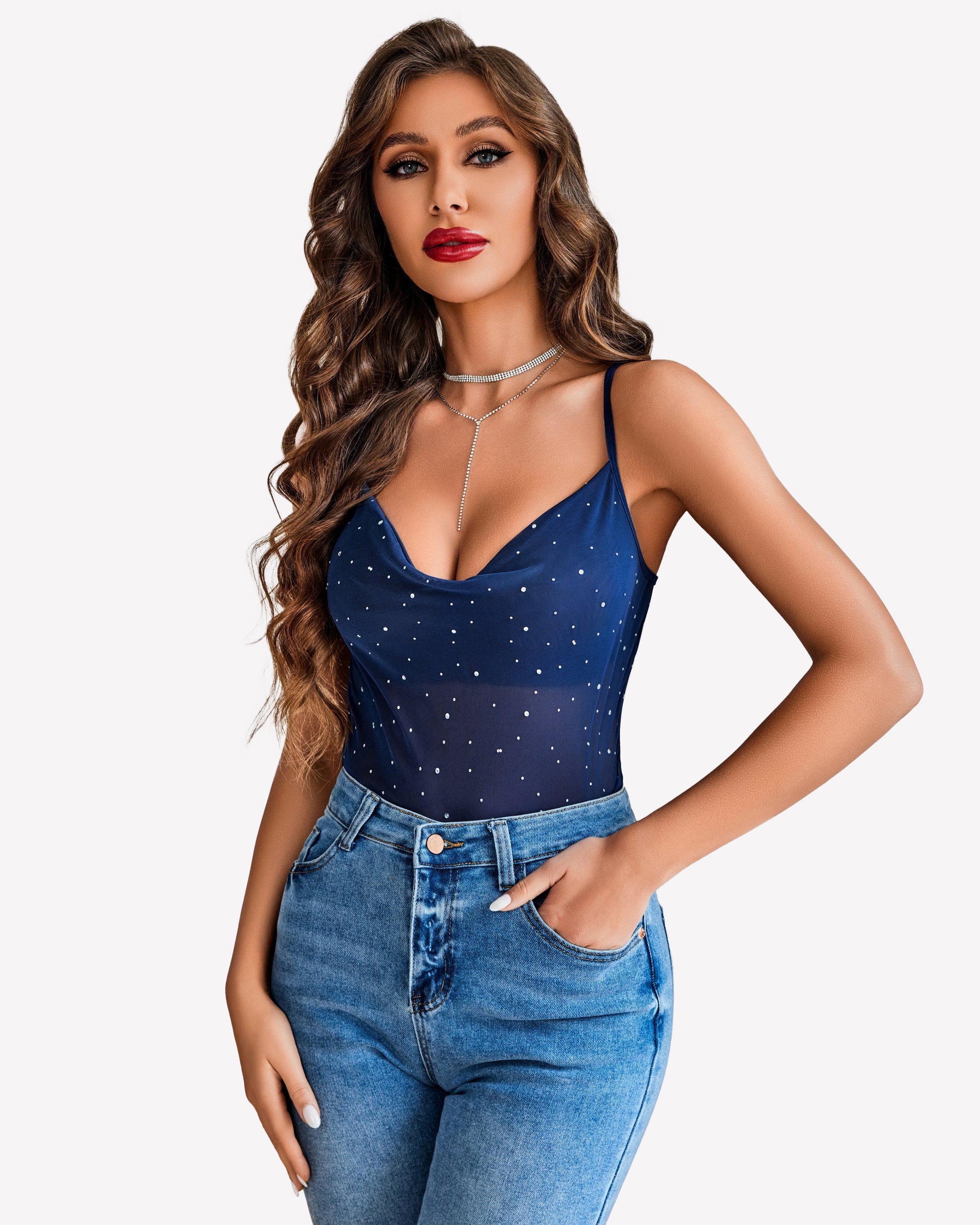 Mesh Cowl Neck Tank Top Sequin Shirt Lingerie Sets-Bras - Tophatter Daily Deals