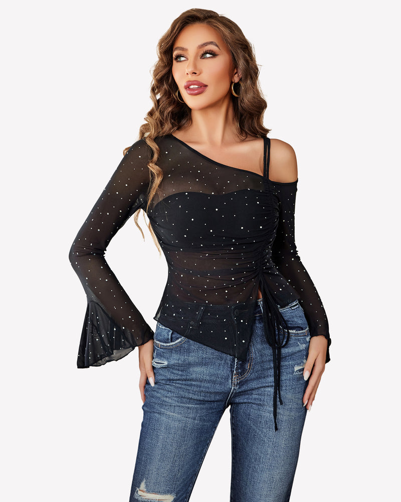 Mesh Top Long Sleeve Rhinestone Tops Black Lingeries-Crop tops - Tophatter Daily Deals