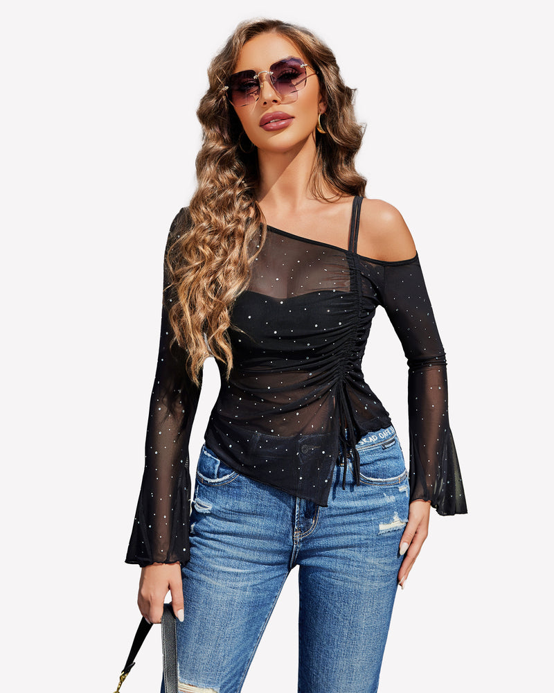 Mesh Top Long Sleeve Rhinestone Tops Lingeries-Crop tops - Tophatter Daily Deals