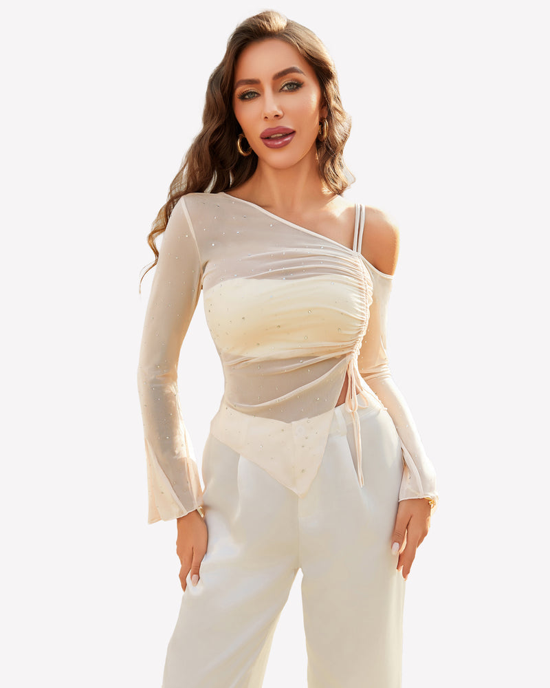 Mesh Top Long Sleeve Rhinestone Tops Champagne Lingeries-Crop tops - Tophatter Daily Deals