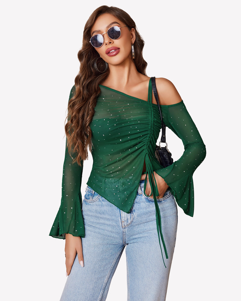 Mesh Top Long Sleeve Rhinestone Tops Lingeries-Crop tops - Tophatter Daily Deals