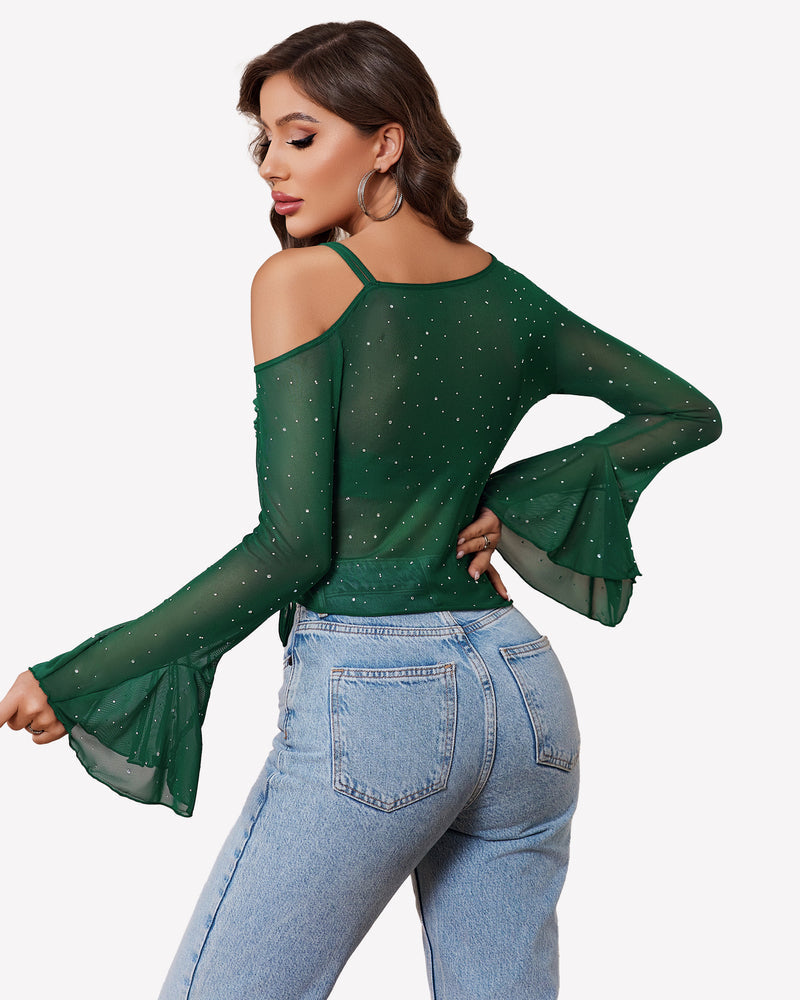 Mesh Top Long Sleeve Rhinestone Tops Lingeries-Crop tops - Tophatter Daily Deals