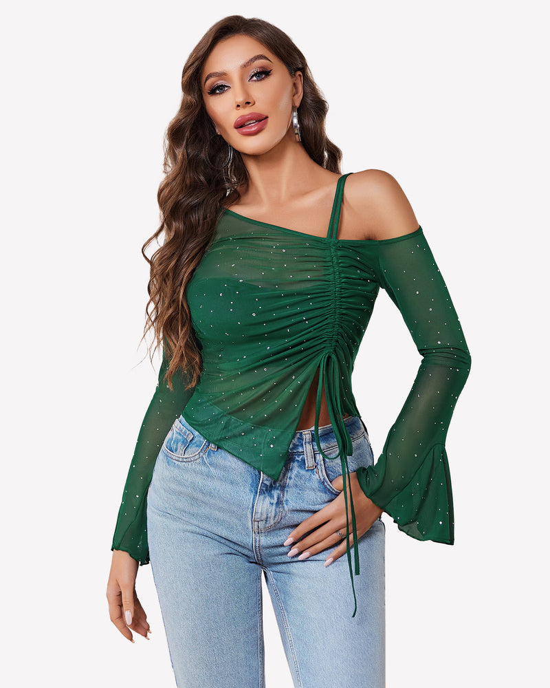 Mesh Top Long Sleeve Rhinestone Tops Green Lingeries-Crop tops - Tophatter Daily Deals