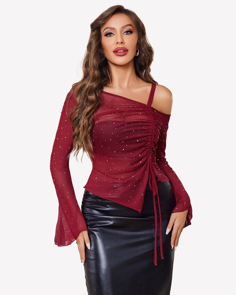 Mesh Top Long Sleeve Rhinestone Tops Wine Red Lingeries-Crop tops - Tophatter Daily Deals