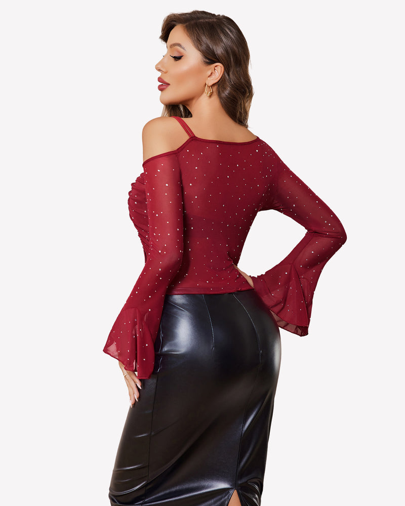 Mesh Top Long Sleeve Rhinestone Tops Lingeries-Crop tops - Tophatter Daily Deals