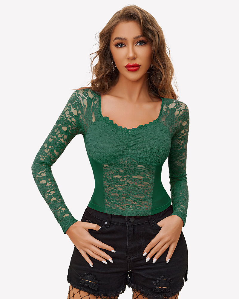 Lace Long Sleeve Mesh V Neck Tops Green Lingeries-Crop tops - Tophatter Daily Deals