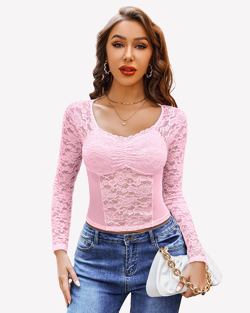 Lace Long Sleeve Mesh V Neck Tops Pink Lingeries-Crop tops - Tophatter Daily Deals