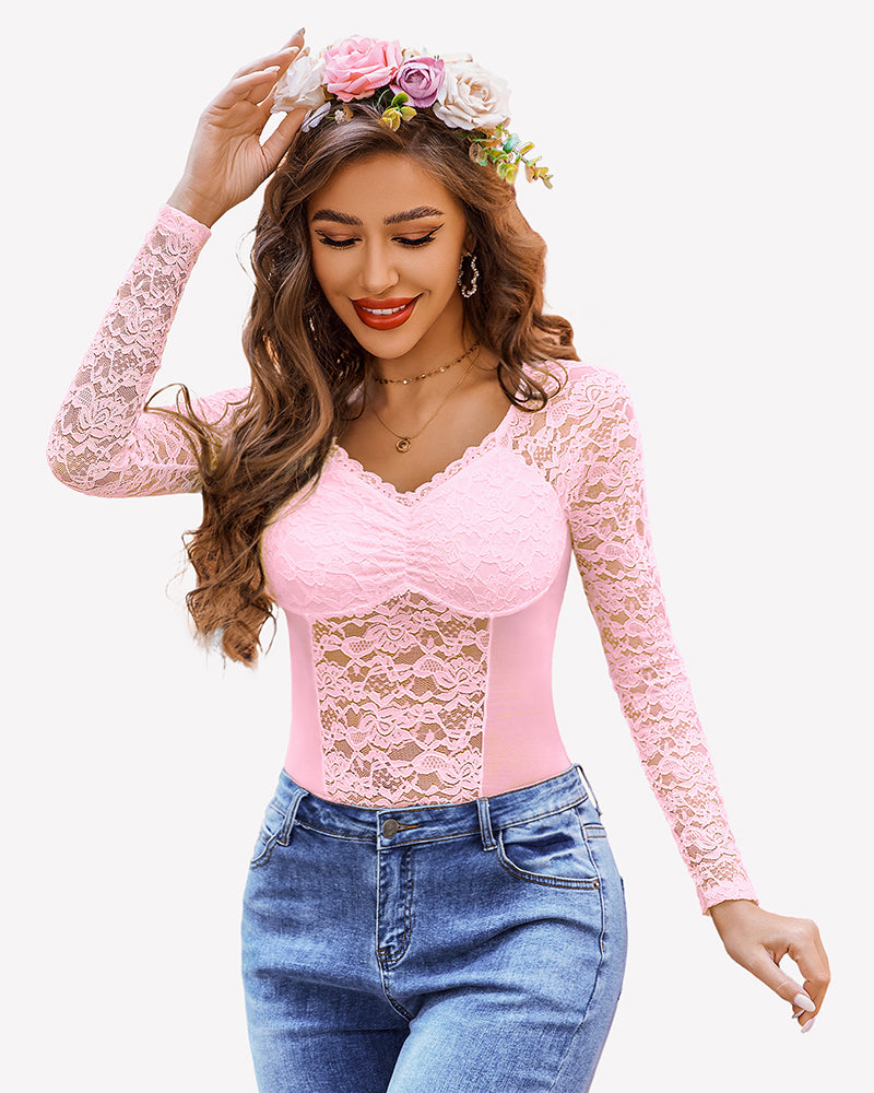 Lace Long Sleeve Mesh V Neck Tops Lingeries-Crop tops - Tophatter Daily Deals