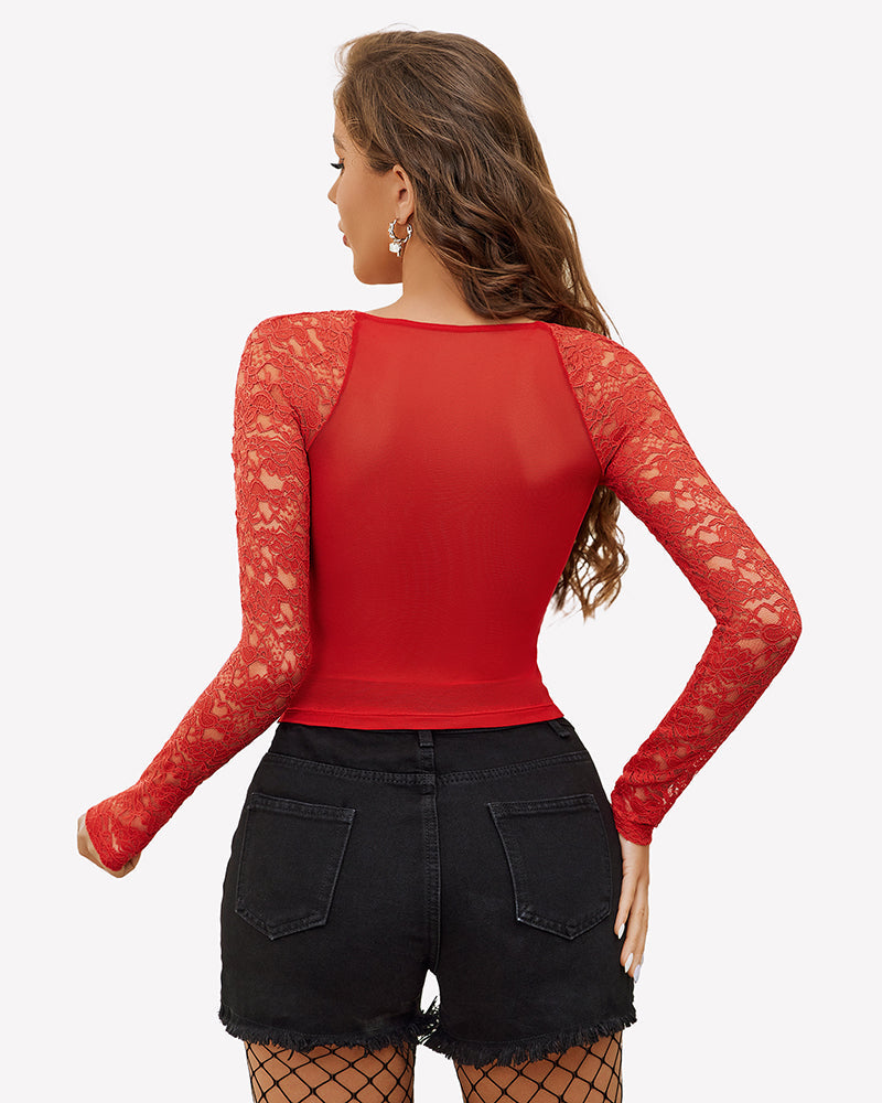 Lace Long Sleeve Mesh V Neck Tops Lingeries-Crop tops - Tophatter Daily Deals
