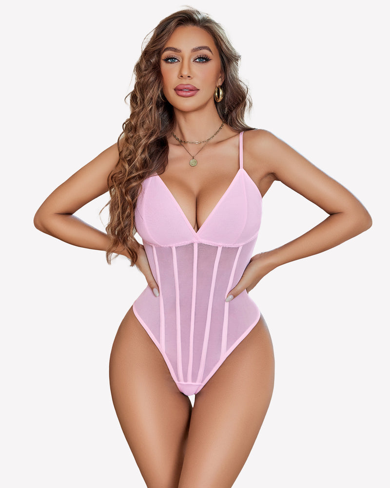 Cami Mesh Bustier Bodysuits Pink Lingeries-Bodysuits - Tophatter Daily Deals