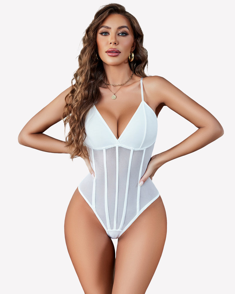 Cami Mesh Bustier Bodysuits White Lingeries-Bodysuits - Tophatter Daily Deals