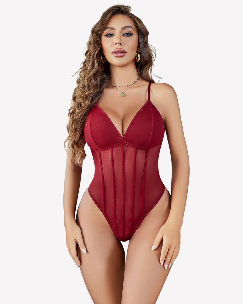 Cami Mesh Bustier Bodysuits Wine Red Lingeries-Bodysuits - Tophatter Daily Deals