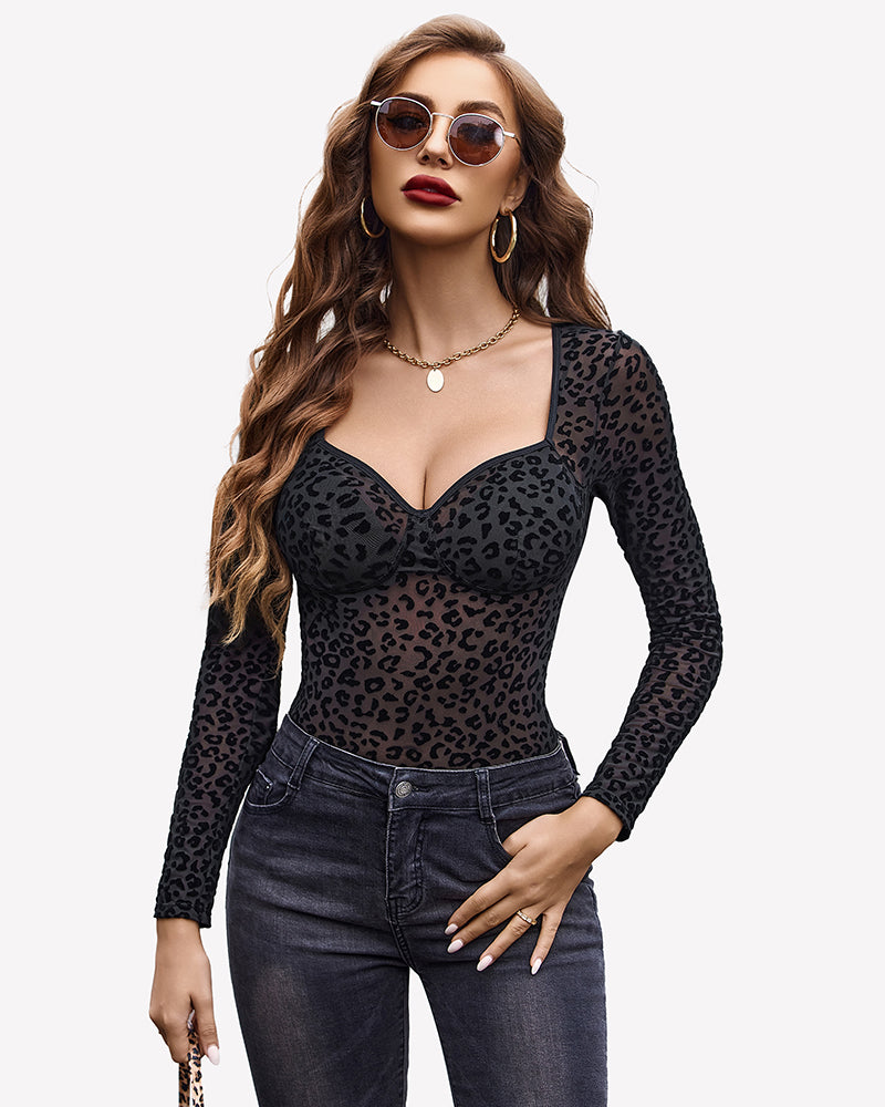 Long Sleeve Leopard Mesh Bodysuits Lingeries-Bodysuits - Tophatter Daily Deals