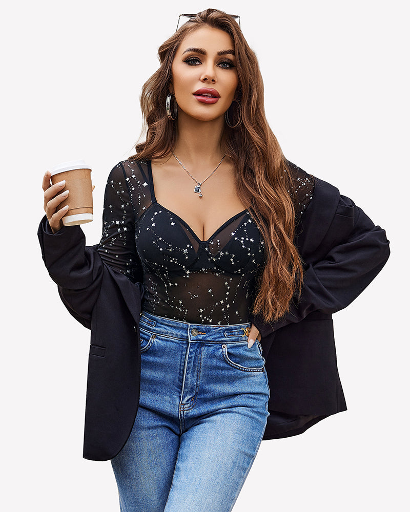 Long Sleeve Leopard Mesh Bodysuits Lingeries-Bodysuits - Tophatter Daily Deals