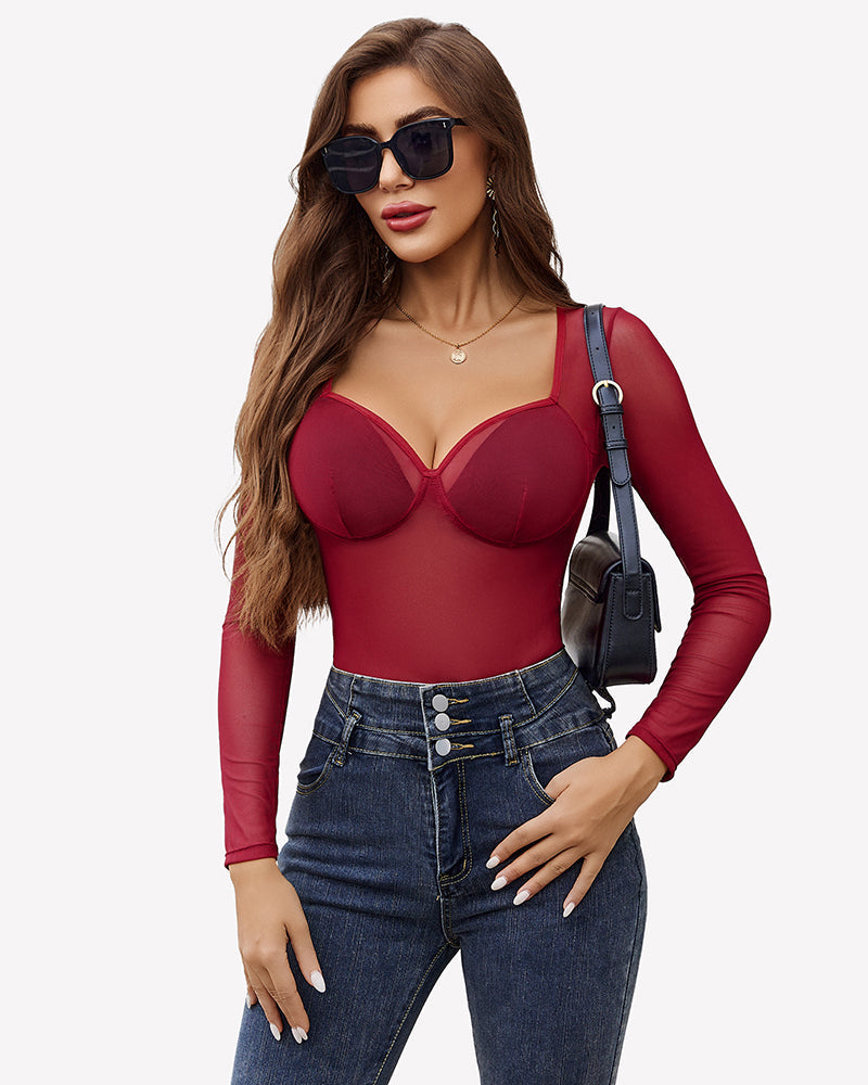 Long Sleeve Leopard Mesh Bodysuits Lingeries-Bodysuits - Tophatter Daily Deals