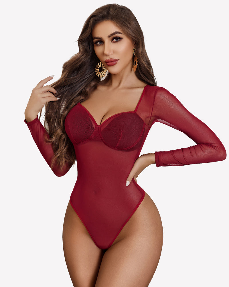 Long Sleeve Leopard Mesh Bodysuits Wine Red Lingeries-Bodysuits - Tophatter Daily Deals