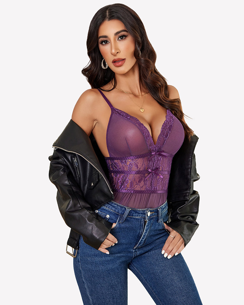 Lace Bodysuit V Neck Mesh Sleepwear Lingeries-Bodysuits - Tophatter Daily Deals