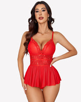 Lace Bodysuit V Neck Mesh Sleepwear Red Lingeries-Bodysuits - Tophatter Daily Deals