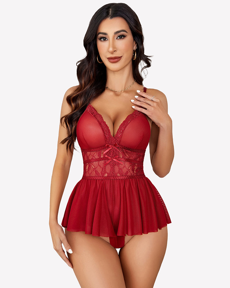Lace Bodysuit V Neck Mesh Sleepwear Wine Red Lingeries-Bodysuits - Tophatter Daily Deals