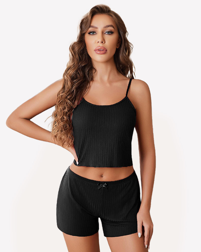 Cami Pajama Sets Ribbed Lounge Set Black Sleepwears-Pajamas Sets - Tophatter Daily Deals