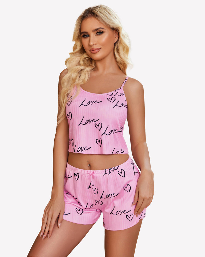 Cami Pajama Sets Ribbed Lounge Set Pink Love Sleepwears-Pajamas Sets - Tophatter Daily Deals