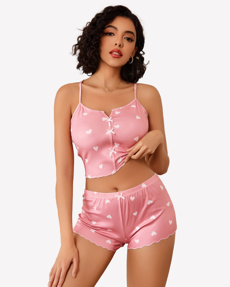 Ribbed Cami Pajama Set 2 Piece PJ Set Pink Love Sleepwears-Pajamas Sets - Tophatter Daily Deals