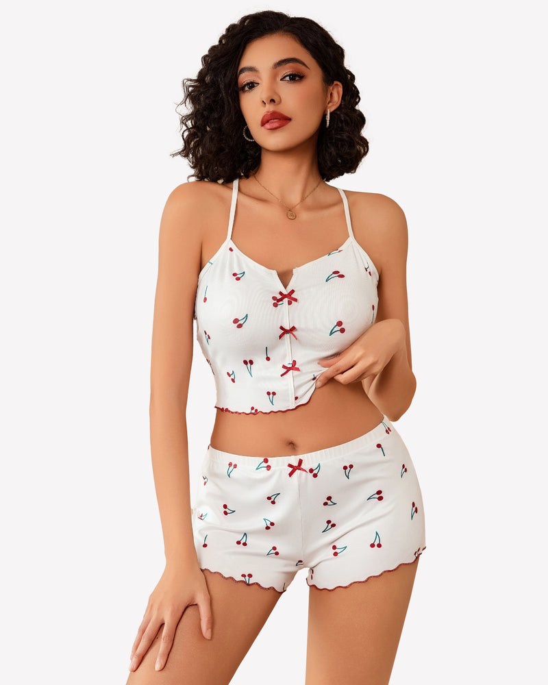 Ribbed Cami Pajama Set 2 Piece PJ Set Cherry Sleepwears-Pajamas Sets - Tophatter Daily Deals