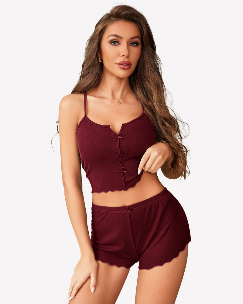 Ribbed Cami Pajama Set 2 Piece PJ Set Wine Red Sleepwears-Pajamas Sets - Tophatter Daily Deals