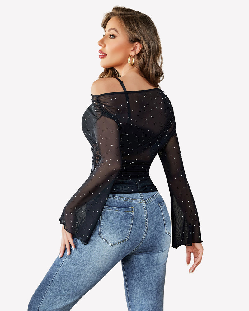 Mesh Top Long Sleeve Off The Shoulder Shirts Lingeries-Crop tops - Tophatter Daily Deals