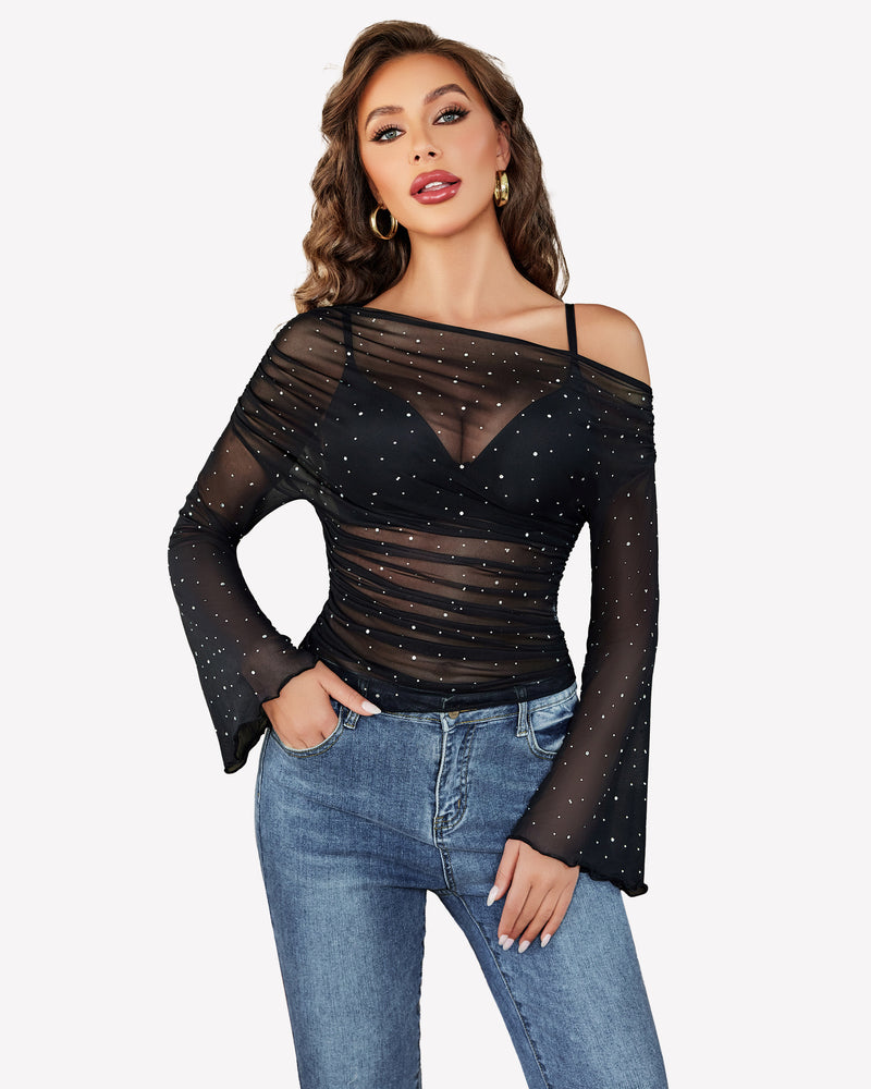 Mesh Top Long Sleeve Off The Shoulder Shirts Black Lingeries-Crop tops - Tophatter Daily Deals