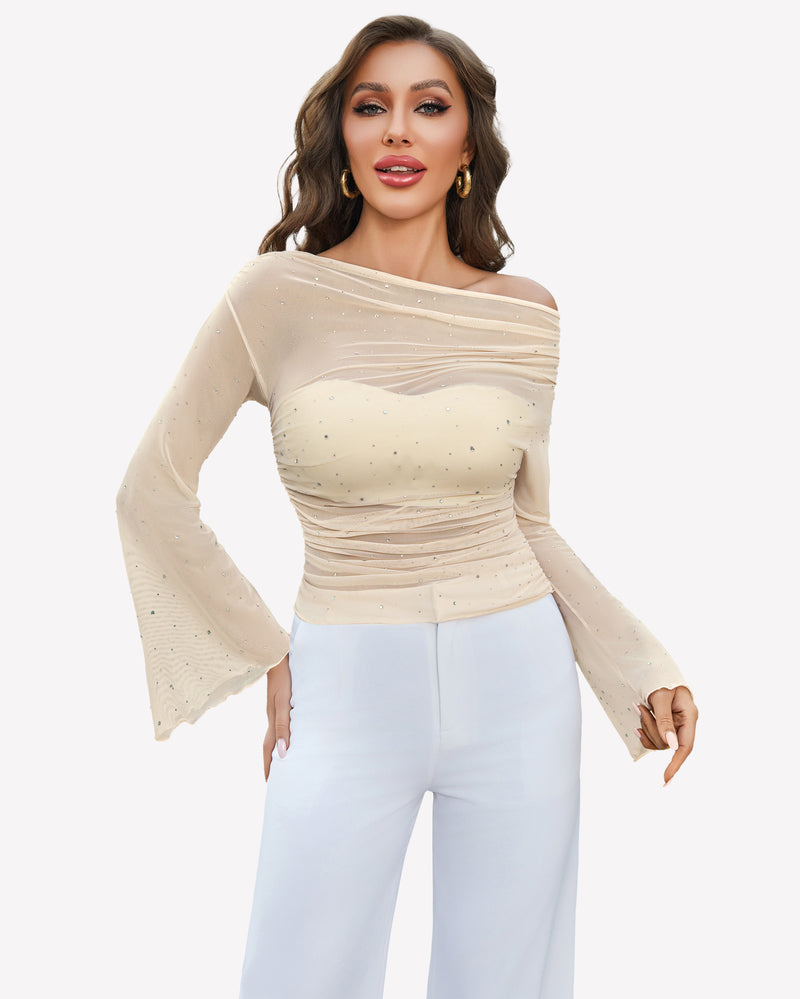 Mesh Top Long Sleeve Off The Shoulder Shirts Champagne Lingeries-Crop tops - Tophatter Daily Deals