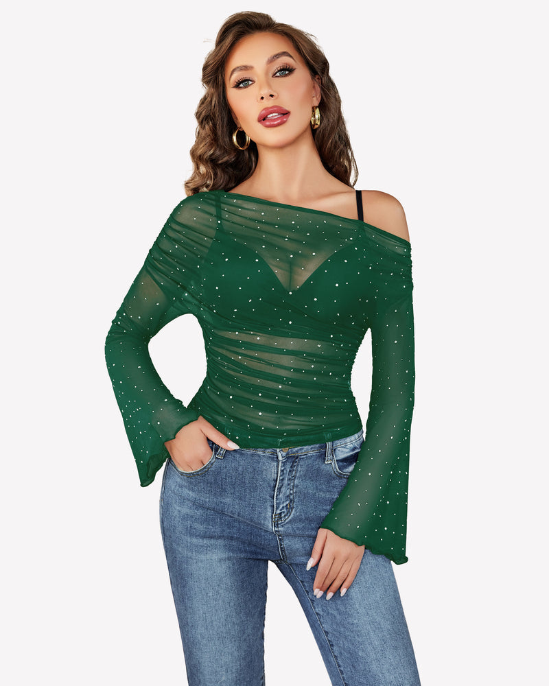 Mesh Top Long Sleeve Off The Shoulder Shirts Green Lingeries-Crop tops - Tophatter Daily Deals
