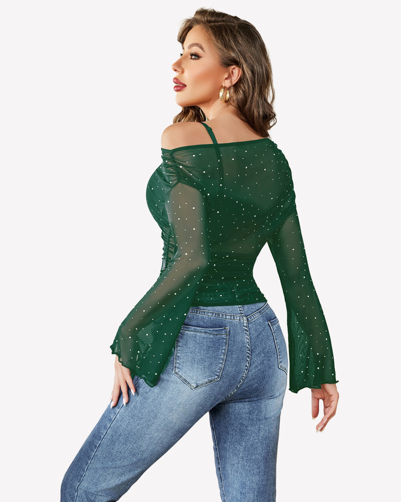 Mesh Top Long Sleeve Off The Shoulder Shirts Lingeries-Crop tops - Tophatter Daily Deals