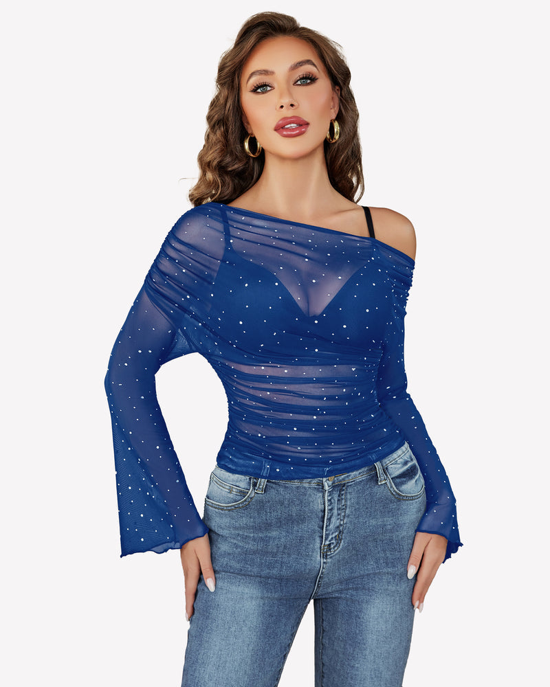 Mesh Top Long Sleeve Off The Shoulder Shirts Blue Lingeries-Crop tops - Tophatter Daily Deals