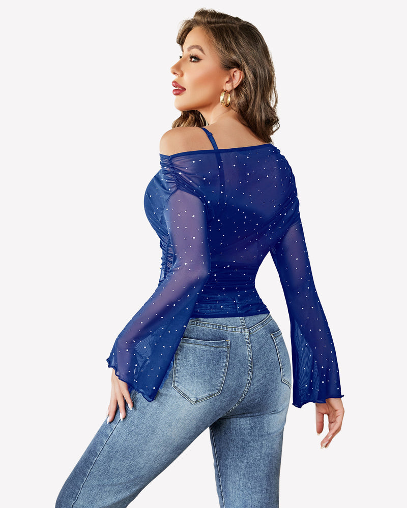 Mesh Top Long Sleeve Off The Shoulder Shirts Lingeries-Crop tops - Tophatter Daily Deals