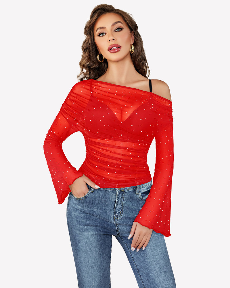 Mesh Top Long Sleeve Off The Shoulder Shirts Red Lingeries-Crop tops - Tophatter Daily Deals