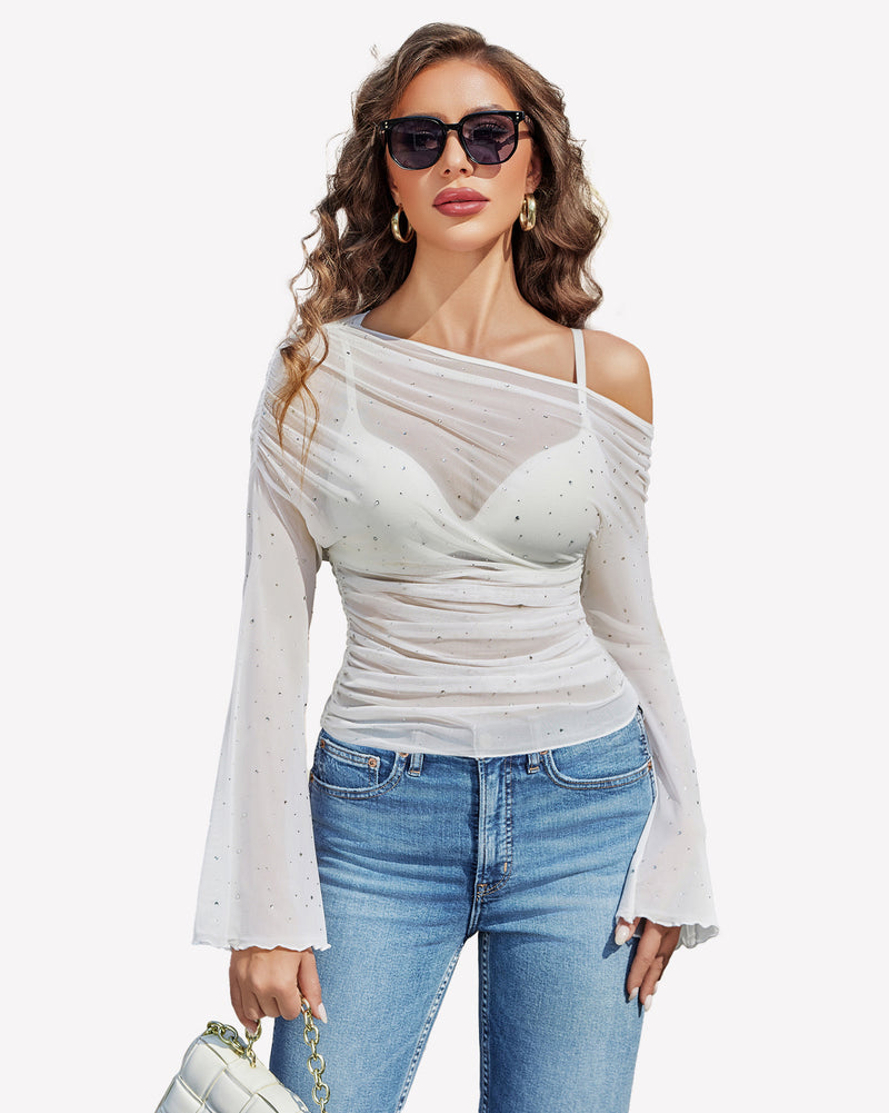 Mesh Top Long Sleeve Off The Shoulder Shirts White Lingeries-Crop tops - Tophatter Daily Deals
