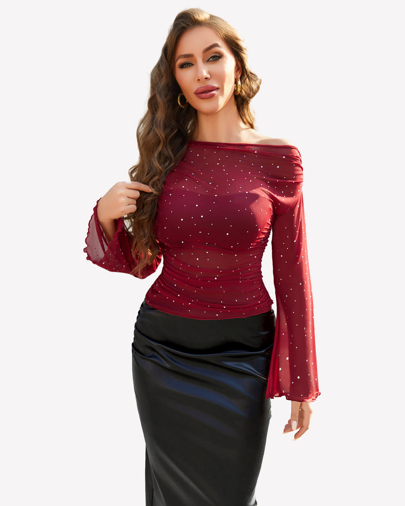 Mesh Top Long Sleeve Off The Shoulder Shirts Wine Red Lingeries-Crop tops - Tophatter Daily Deals