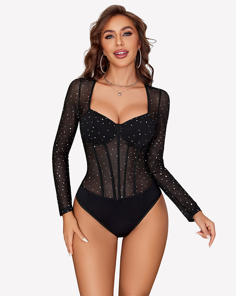 Long Sleeve Bodysuit Sparkle Mesh Top Black Lingeries-Bodysuits - Tophatter Daily Deals