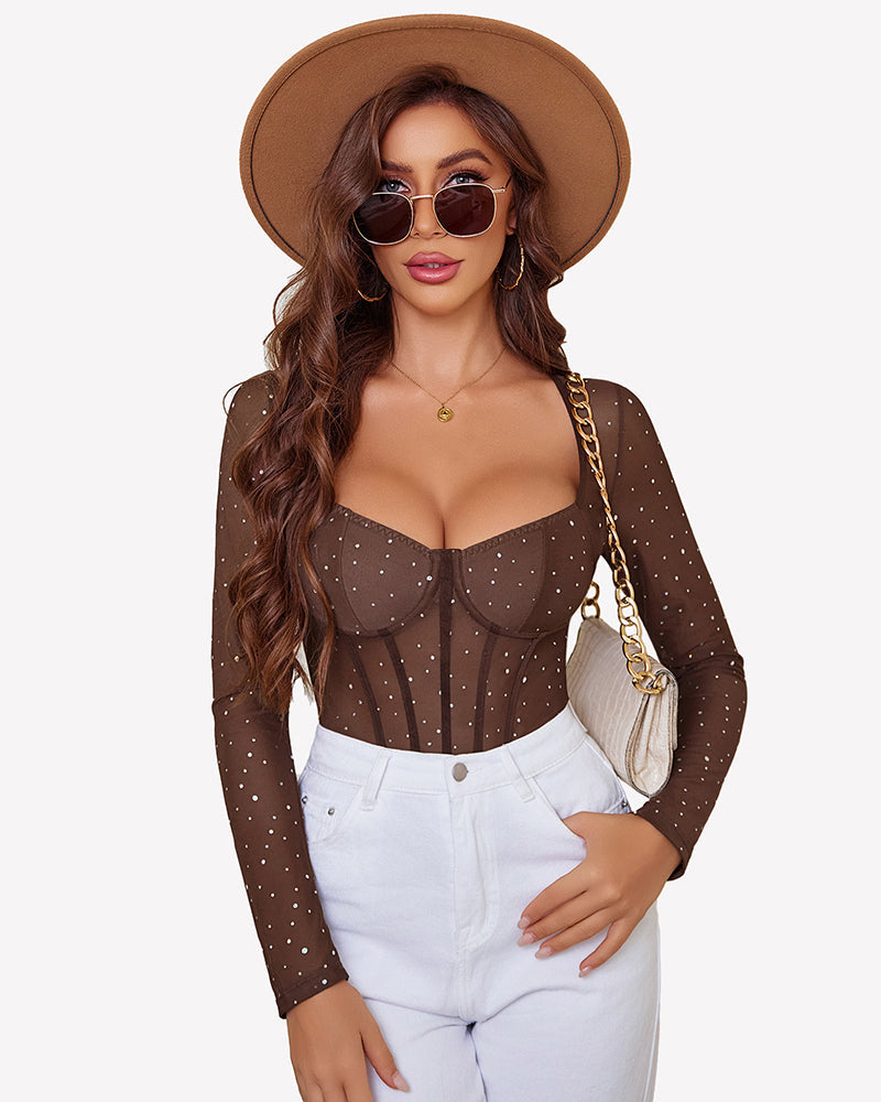 Long Sleeve Bodysuit Sparkle Mesh Top Brown Lingeries-Bodysuits - Tophatter Daily Deals