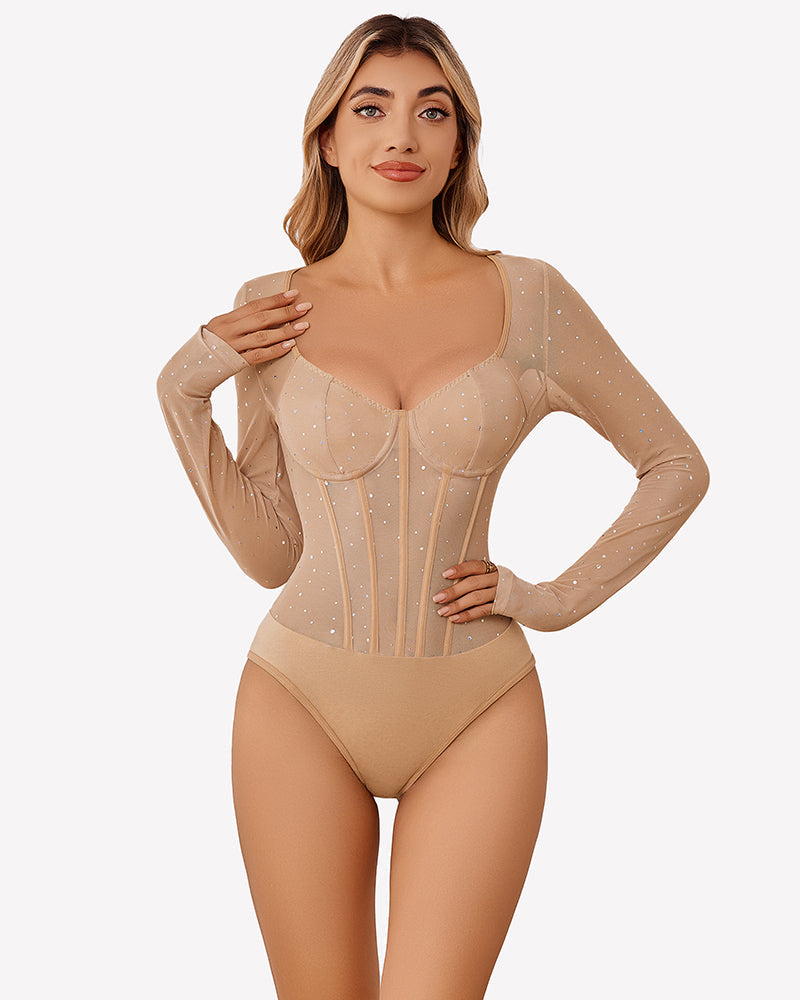 Long Sleeve Bodysuit Sparkle Mesh Top Nude Lingeries-Bodysuits - Tophatter Daily Deals