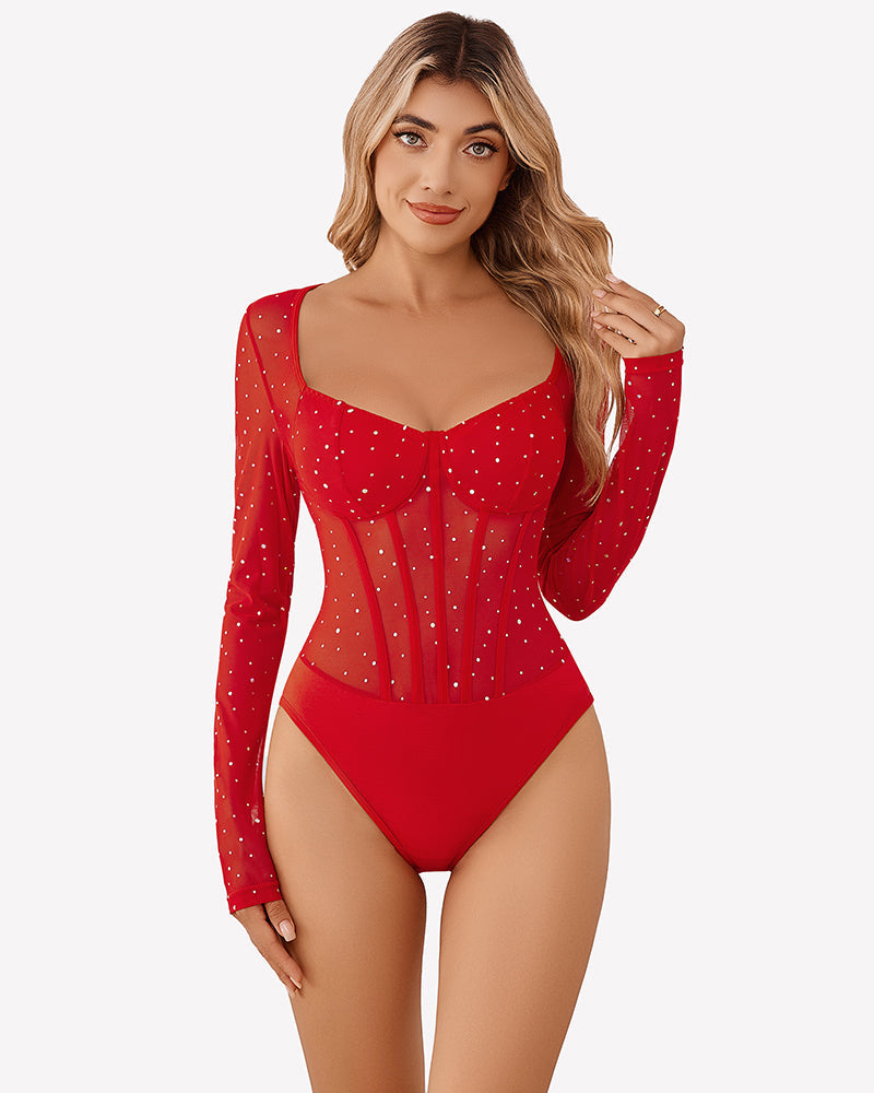 Long Sleeve Bodysuit Sparkle Mesh Top Red Lingeries-Bodysuits - Tophatter Daily Deals